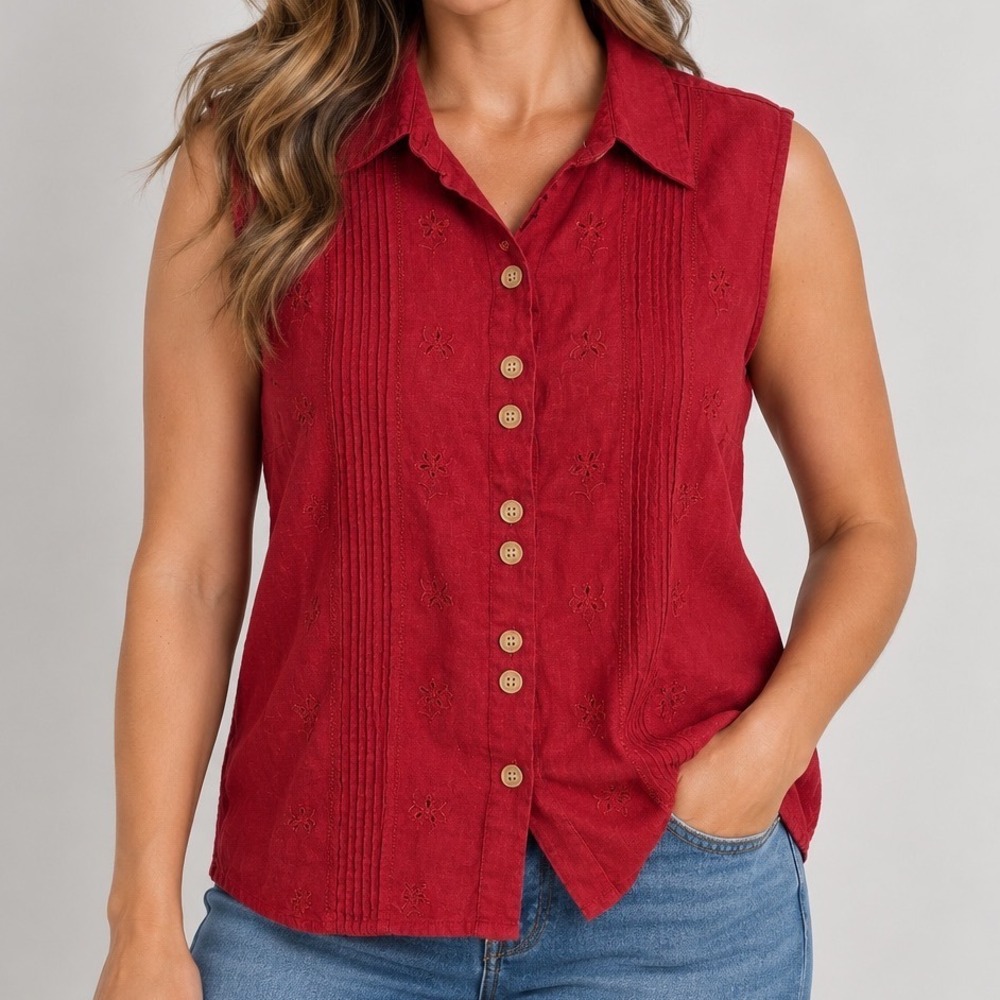 Vintage Erika Petite Large Linen Blend Red Embroidered Pintuck Sleeveless Top